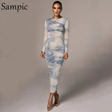 Black White O Neck Autumn Print Long Sleeve Tie Dye Bodycon Sexy Ruched Women Dress Long Party Club Wrap Dress