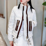 Women's Clothing Cotton Liner Quilted Coats Winter Casual Solid Color Stand Collar Stylish Spliced Zipper Straight Down