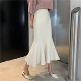 Spring Knitted Mermaid Sweater Skirt Elastic High Waist Women Midi Skirt Solid Ruffle Party Skirts