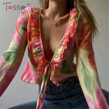 Fashion Boho Ruffle Blouse See-Through Lace V-Neck Tops For Women Long Sleeve Summer Shirt Party Beach Cropped Top
