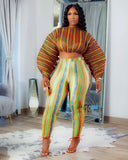 Colorful Striped Puff Sleeve Crop Top and Pants 2pc