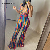 Halter Backless Striped Jumpsuit Womens Summer Clothing 2021 African Flare Pants Suits Sexy Club Outfits