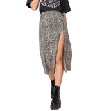 Elegant Split Long Skirts Vintage Leopard Floral Print High Waist A Line Skirts Office Lady Casual Bodycon Midi