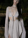 Women's Mesh Two Piece Set Sexy Long Sleeve Lace-up Outer Wear Top+Halter Skinny Hollow Out Lady Dress Suit New Outfit-Outfit