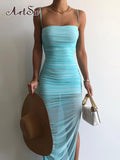 Mesh See Through Slit Maxi Dress Elegant Outfits for Women Summer Club Party Sleeveless Spaghetti Strap