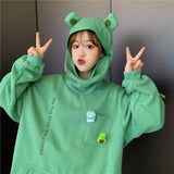 Oversize Frog Hoodie Women Long Sleeve Zipper Pocket Mouth Sweatshirt Clothes Doll Top Kawaii Funny Pullover