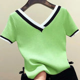 Women Blouse 2021 V-Neck Contrast Color Striped Top Tops Clothes Knitted Short Sleeve Shirt Femme Camisetas Mujer