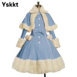 Women Lolita Autumn Coat Warm Fur Collar Bowknot Dress Jacket Fashion Sweet Princess Breasted Overcoat Halloween Costume