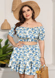 Sweet Off-the-shoulder Short Sleeves Floral Print Plus Size Two Piece Skirt