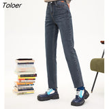 Women Jeans 2022 Winter Slim Stretch Straight Long Denim Pants Warm All Match Chic Casual Streetwear