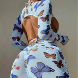 2023 New Butterfly Print Drawstring Strap Sexy Four-Piece Swimsuit