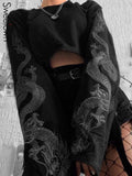 2020 Autumn Crop Sweatshirt Dragon Print Long Sleeve Korean Fashion Pullover Black Casual Gothic Streetwear