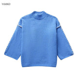 Sweater Autumn Round Neck Pullovers Sweater Warm Knitted Chic Contrast Color Splicing Thread Sweater Jumpers Tops-Outfit