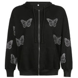 Gothic Black Hoodie y2k Women's Rhinestone Skull Casual Oversized Sweatshirt Punk E-girl Harajuku Long Sleeve