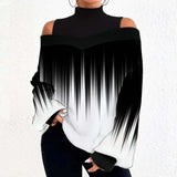 Women's Lantern Sleeves Geometric Print Tshirts Top Casual Loose Pullover High Neck T-shirt Roupas