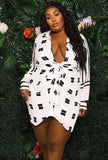 White and Black Print Deep-V Long Sleeve Party