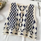 Vest Women Vintage Outerwear Slim Single Breasted V-neck Hollow Out Patchwork Knitting Art Retro Newest Design