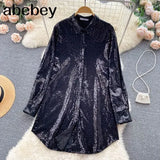 Blouse Shirts Long Sleeve Top Button Up Shirt Y2K Vintage Women Clothing Club Party Glitter Top Female Collared