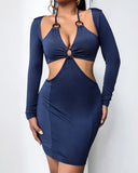 Blue Cut Out Sexy O-Rings Long Sleeve Mini Club
