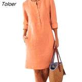 Women Casual Vestidos Women Dress Solid Color Pockets Summer Round Neck Long Sleeve Buttons Dress Beach