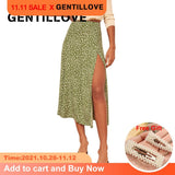 Elegant Split Long Skirts Vintage Leopard Floral Print High Waist A Line Skirts Office Lady Casual Bodycon Midi