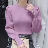 Elegant Puff Sleeve Sweaters Women Autumn Winter Metal Buttons Knitted Pullovers Woman 2023 Solid Color Women's