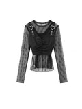 Aesthetics Mesh Tops Thin Woman Fake Two Pieces Korean Gothic Y2K O-Neck Patchwork Long Sleeve T-Shirts Sexy Spring