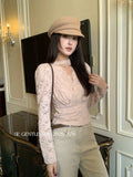 Xixi 2025 Autumn White Label New Temperament Lace V Word Hanging Neck Bottom Shirt 100 Women