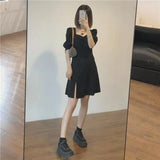 Women Square Collar Holiday Lady Sundress Side-slit Design Pure Summer Sexy Fashion Vintage French Style Simple High