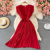 Summer Women Green/Red/Beige Pleated Midi Dress Vintage V-Neck Draped Party Robe Female Elegant Casual Vestidos New Fashion
