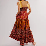 Women's Vintage Floral Print Silky Bow Knot Tie-Up Shoulder Straps Sleeveless Summer Big Swing Long Cami A-line Dress-Outfit