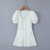Sexy White Square Collar Low Chest Corset Style Mini Dress Short Puff Sleeve Women Ruched Pleated Front Center Buttons Robe-Outfit