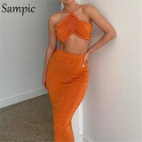 Sexy Women Casual Summer Beach Split Midi Skirt Set Halter Tops And Bodycon Club Skirt Suit Two Piece Set
