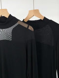 Toloer Show Thin Temperament Mesh Hollow Out Black Bottom Shirt Women's New Slim Half High Collar With Long-Sleeved