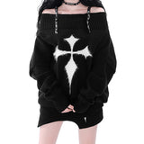 Desire Minority Cross Rivet Bare Shoulder Thin Knitted Sweater New Sexy Hot Girls Loose Blouse For Spring And Autumn-Outfit