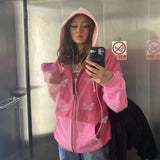 Black Y2K Autumn Hoodies Women Butterfly Diamond Zip Up Korean Sweatshirt Winter Jacket Long Sleeve Hood Pullovers