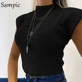2020 Y2K Women Pullover Knitted Cropped Shoulder Pads Sweater Vest Winter Ladies Autumn Black Apricot O Neck Jumper