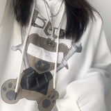 Deeptown Gothic Hoodie Women Anime Bear Print Sweatshirt Pattern Long Sleeve Pullover Oversized Streetwear Japan Style