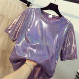 summer retro style stylish bright silk woman tops shiny loose short sleeve t-shirt sexy club aesthetic harajuku women