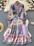 Runway Holiday Maxi Dress Women Stand Collar Long Lantern Sleeve Flower Print Elegant Elastic Waist Party Vestidos