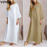 Elegant Women Solid Maxi Long Dress 2021 Cotton Vintage Bohemian White Dress Sexy Split Hem Vestido Robe