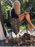Spring Vintage Green Long Skirt High Waist Print Skirt Seaside Holiday Pleated Skirt Split Elegant Floral Skirt