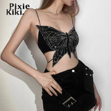 Rhinestone Butterfly Crop Top Y2k 90s Asymmetrical Backless Halter Tops Sexy Summer Black Tanks and Camis