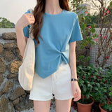 Irregular T-shirt Women Summer Skinny T Shirt Femme Solid Short Sleeve Korean Kpop Slim O-Neck Tshirt Woman Clothes Top-Outfit