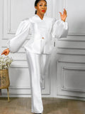 Formal Puff Sleeve Peplum Top and High Waist Pants Set 703-1-Outfit