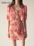 Patchwork Floral Two Piece Set Womens Round Neck Puff Sleeve Tops High Waist Mini Skirts Summer Sets Female