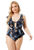 High-Leg Plunge Neck Floral Print Ruffles Plus Size One Piece