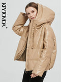 Women Fashion Thick Warm Faux Leather Padded Jacket Coat Vintage Long Sleeve Oversized Parka Female Outerwear Chic