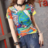 Retro Fashion Letter Floral Printed Pullovers Summer New Short Sleeve Female Clothing Casual O-Neck High Street