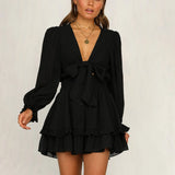 New Spring And Autumn V-Neck Long Sleeve Bubble Sleeves Pure Color With Lotus Leaf Side